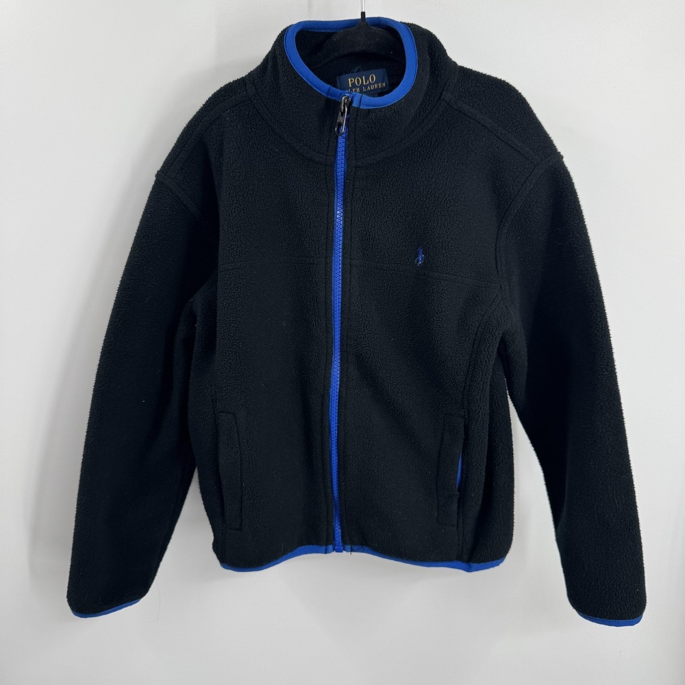 Polo Ralph Lauren Fleece Jacket Kids 6 Black Blue Trim Full Zip‎ Logo Pockets